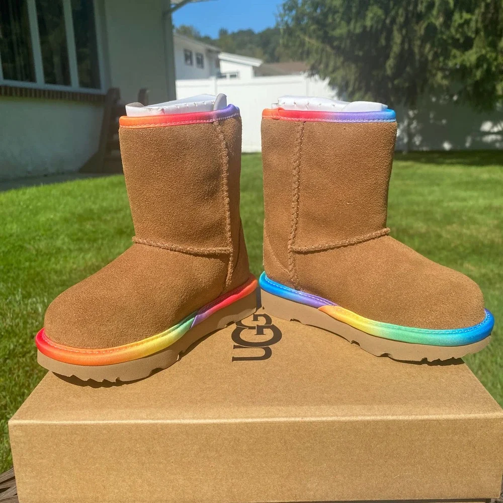 NWT/NIB UGG Classic Short Toddler Rainbow Shearling Lined Boots in Chestnut (8)